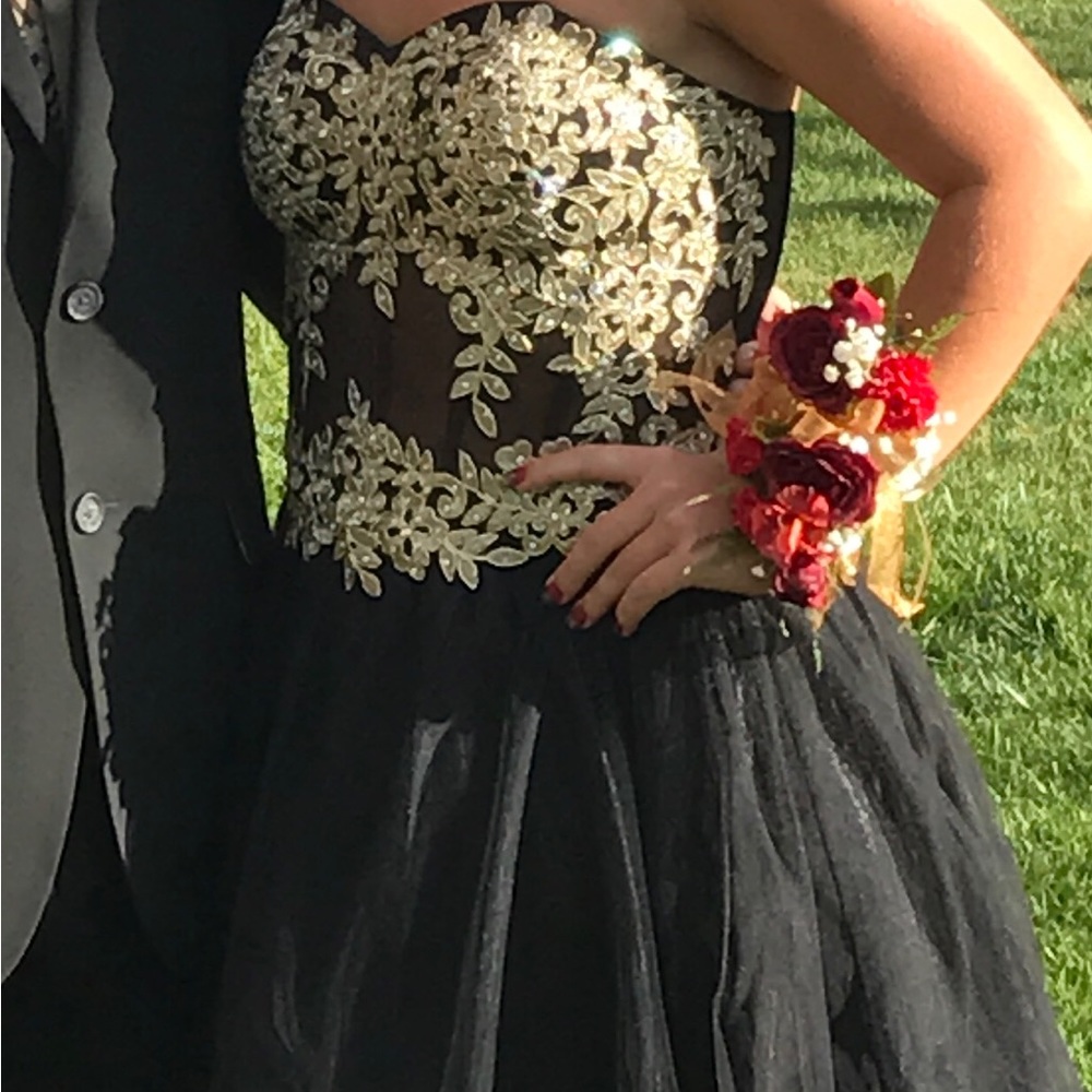 Special Occasion Junior Dress. Black with gold sequin:pearl bodice